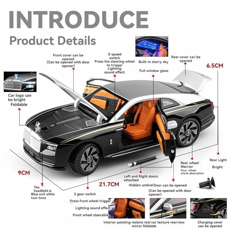 1:24 Scale Rolls Royce Spectre Diecast Model Car Toy, Zinc Alloy Pull Back car