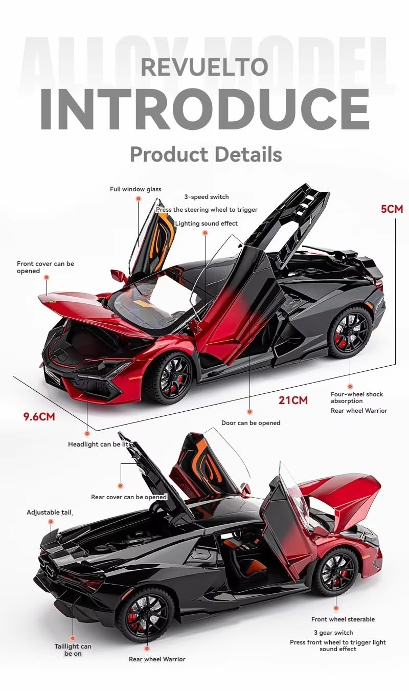 1:24 Lamborghini Revuelto Diecast Metal Pull Back Car Multicolor