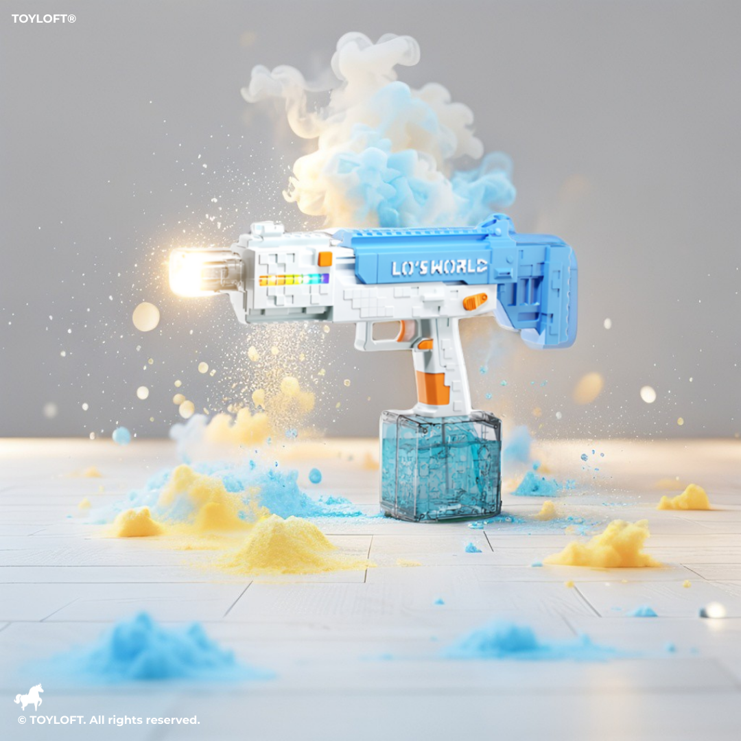 Pixelated Minecraft-Style Design Water Gun with RGB Lights – High-Power Automatic Water Blaster, Rechargeable, Large Tank Blue LMI15714.