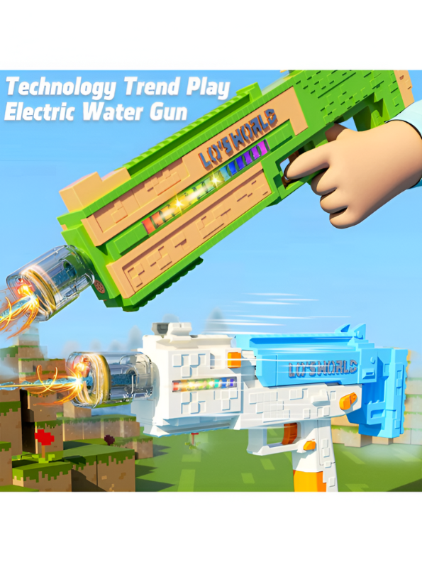 Pixelated Minecraft-Style Design Water Gun with RGB Lights – High-Power Automatic Water Blaster, Rechargeable, Large Tank Blue LMI15714.