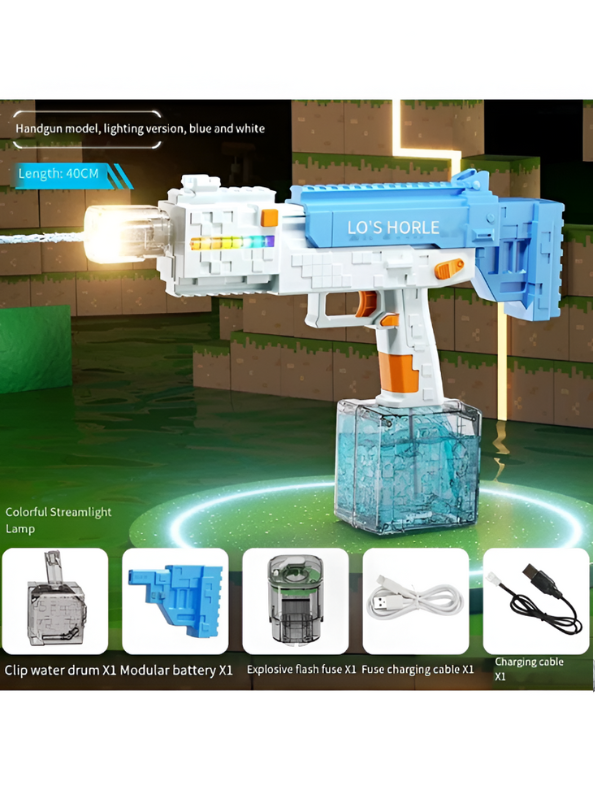 Pixelated Minecraft-Style Design Water Gun with RGB Lights – High-Power Automatic Water Blaster, Rechargeable, Large Tank Blue LMI15714.