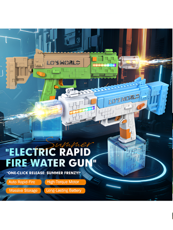 Pixelated Minecraft-Style Design Water Gun with RGB Lights – High-Power Automatic Water Blaster, Rechargeable, Large Tank Blue LMI15714.